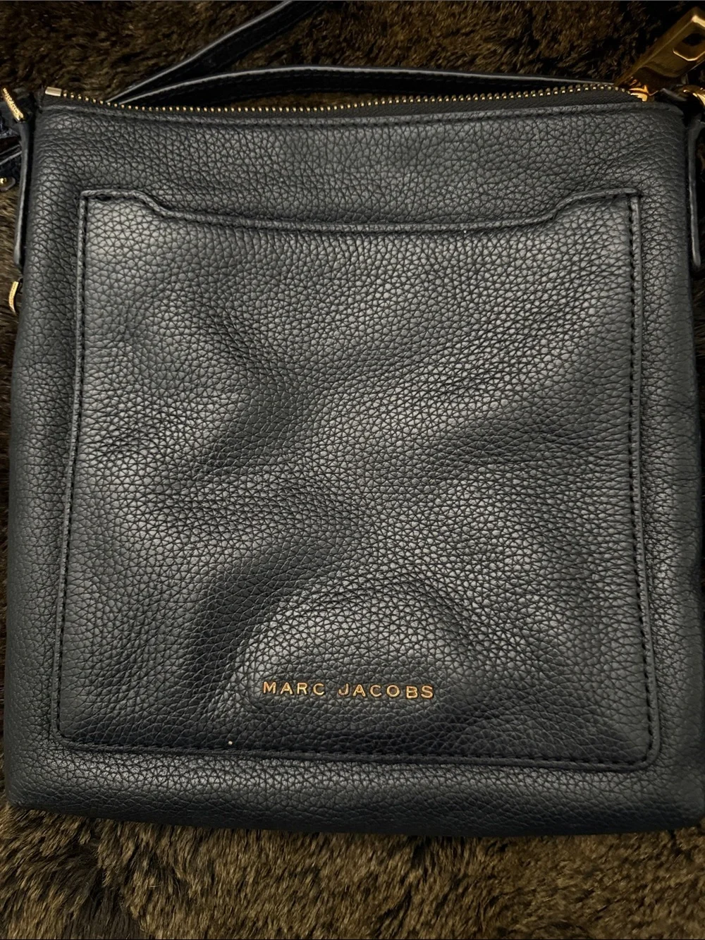 Marc Jacobs Black Pebbled Leather Slide-Pocket Crossbody with Gold Hardware